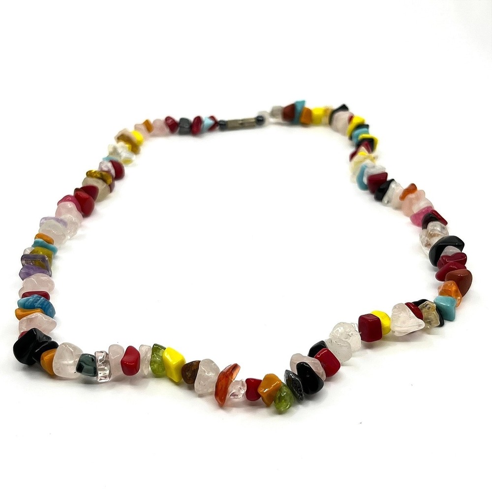 Vintage Multi-Color Mixed‎ Gemstone Chip Bead Necklace Retro Boho Style Classic